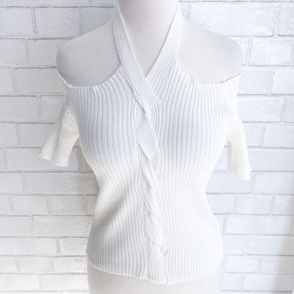 Love Encounter White Off Shoulder Halter Knit Top